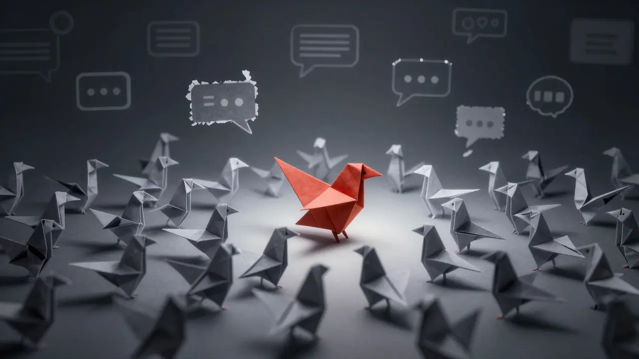 Origami bots swarming a victim bird representing fake hype