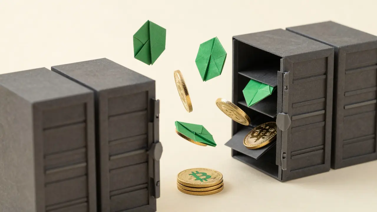Origami coins blocked by grey barriers representing illegal crypto transactions