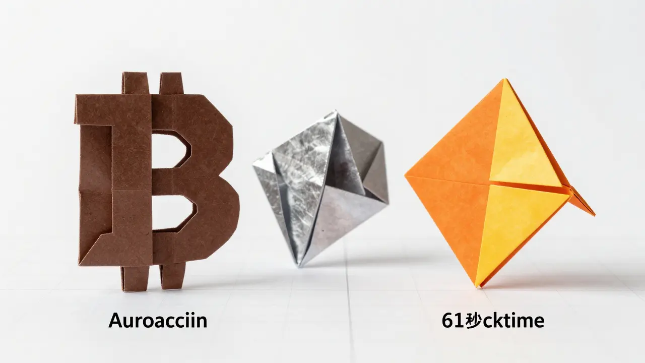 Origami comparison of Bitcoin, Litecoin, and Auroracoin blocks highlighting speed and design differences