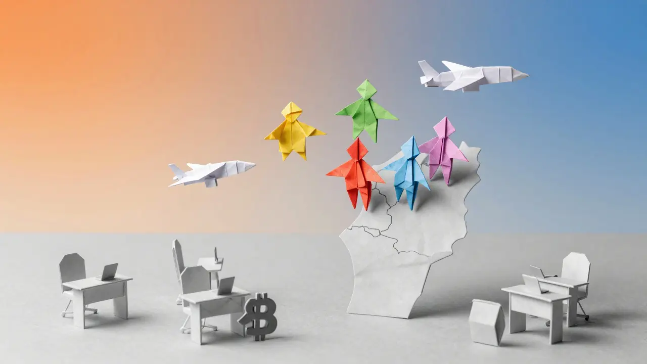 Origami figures flying away from Tunisia as planes