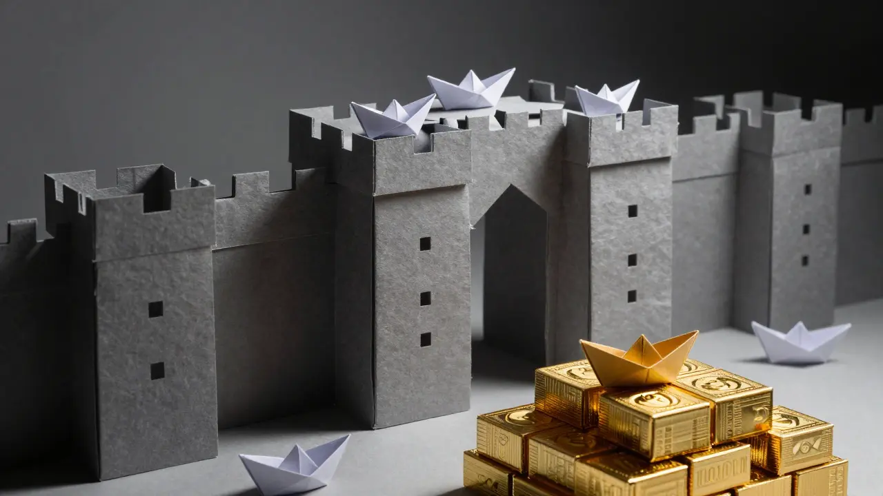 Origami fortress with gold blocks representing high capital barriers for crypto exchanges