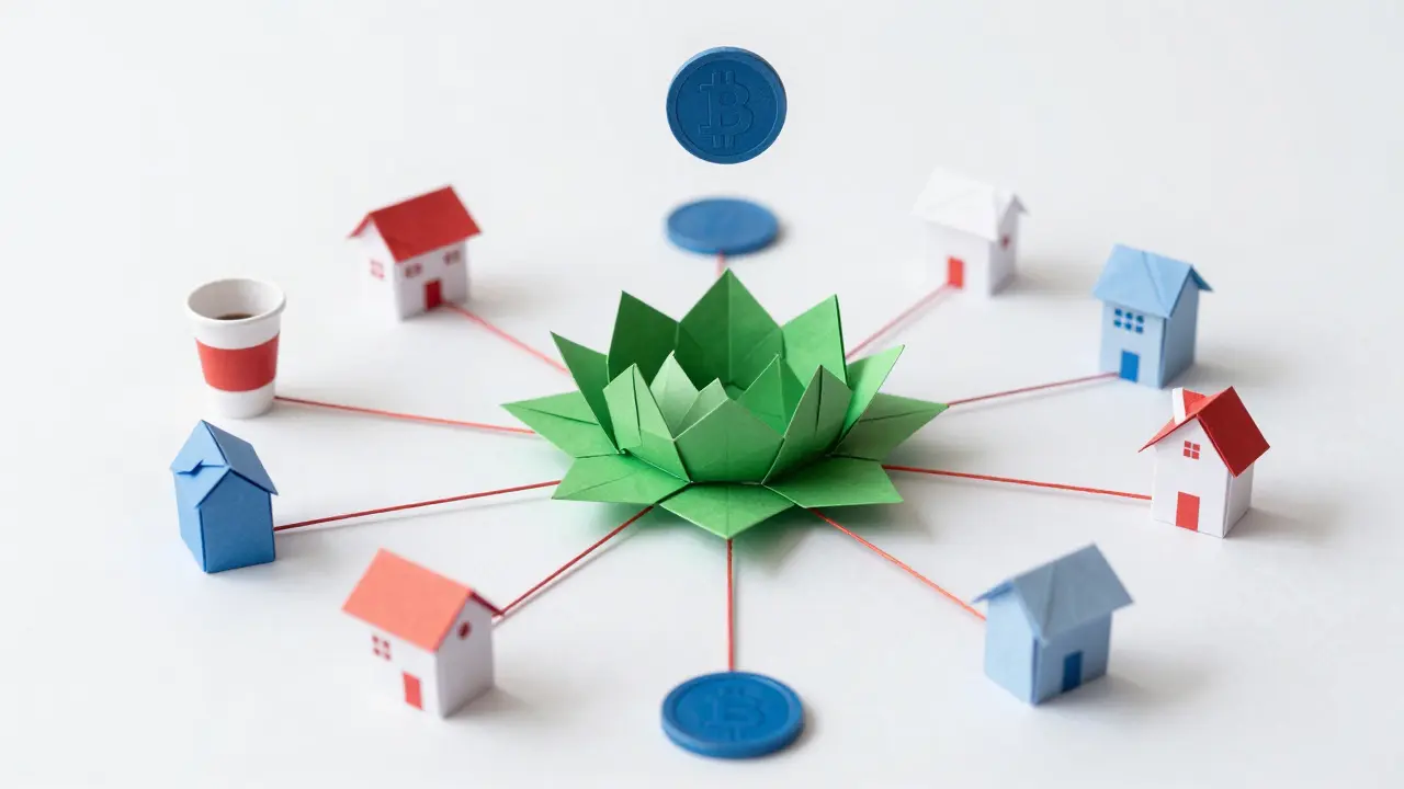 Origami lotus hub blocking direct connection between paper coins and goods