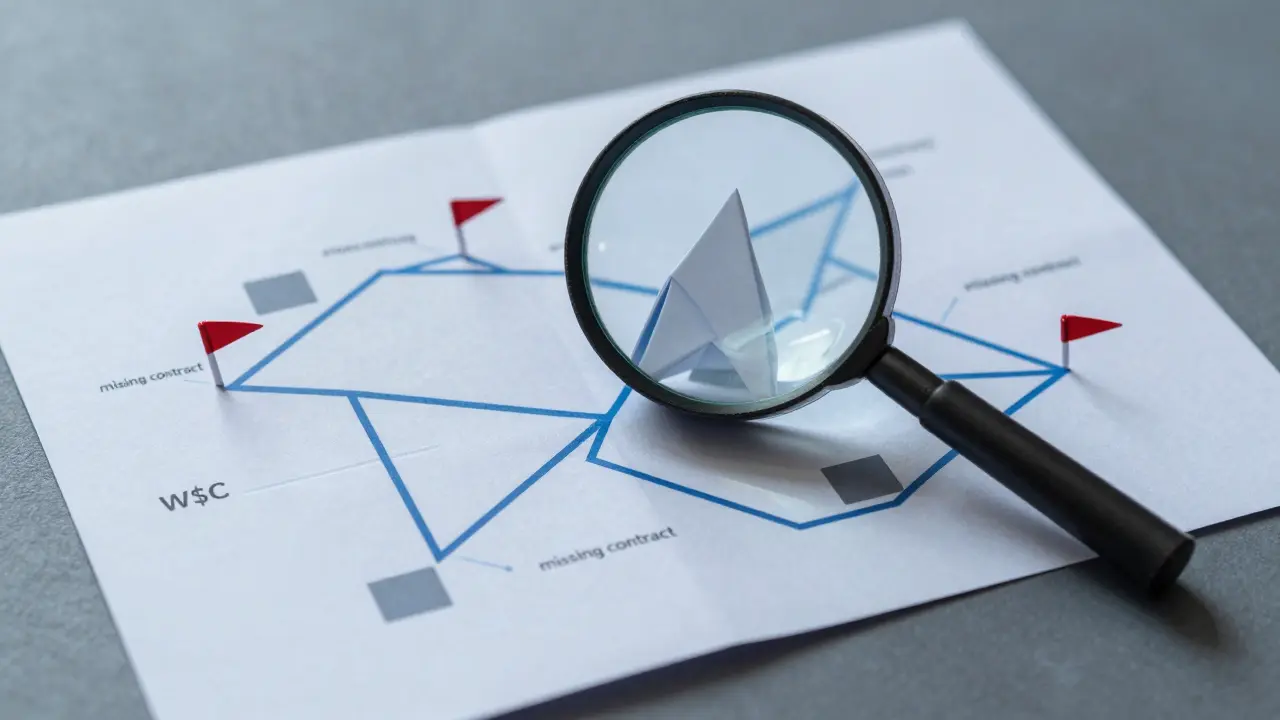 Origami magnifying glass inspecting empty blockchain map