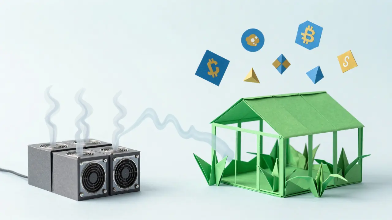 Origami miners heating a greenhouse with waste heat in a modern style