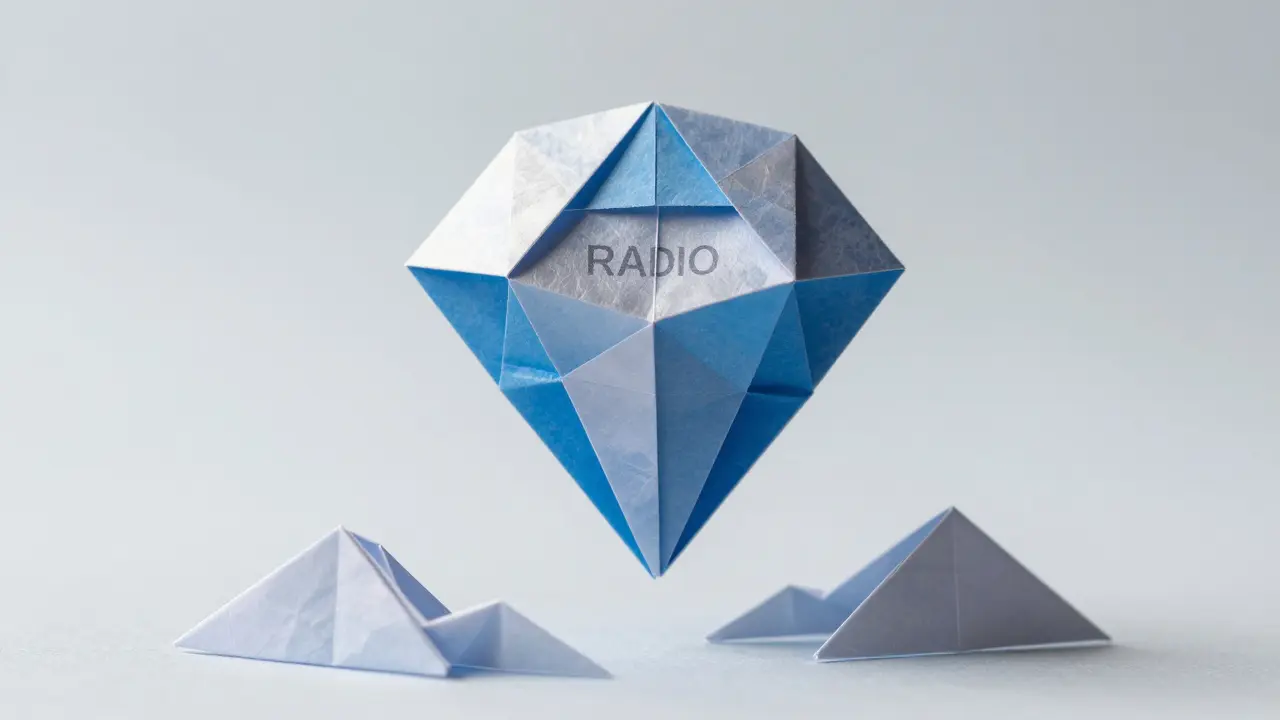 Origami RADIO token floating above shallow liquidity pool waves