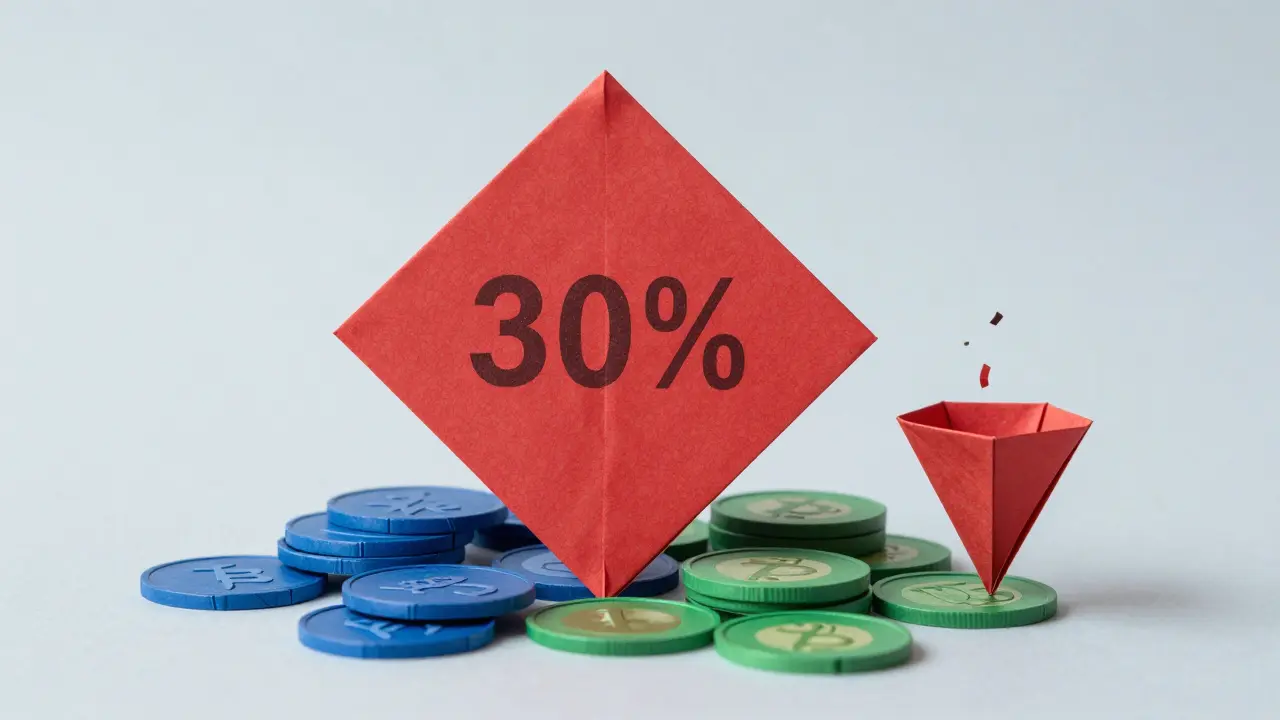 Origami red block weighing down paper coins, illustrating high crypto taxes.