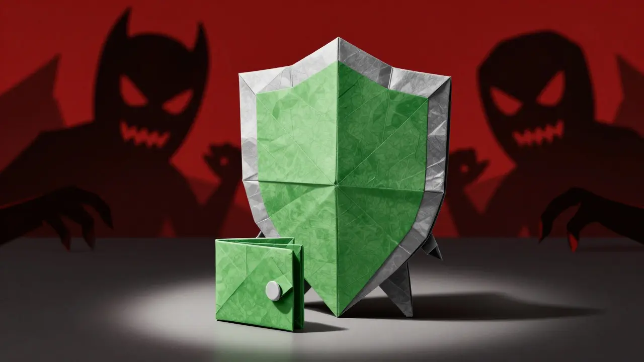Origami shield protecting a paper wallet
