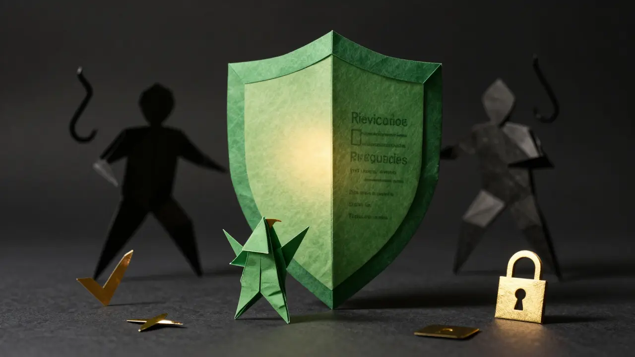 Origami shield protecting a wallet from shadowy threats