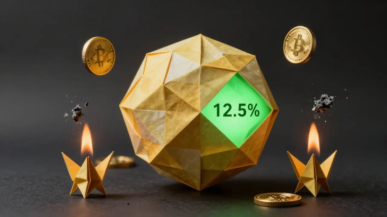 Origami sphere showing GUA token supply and burn mechanics