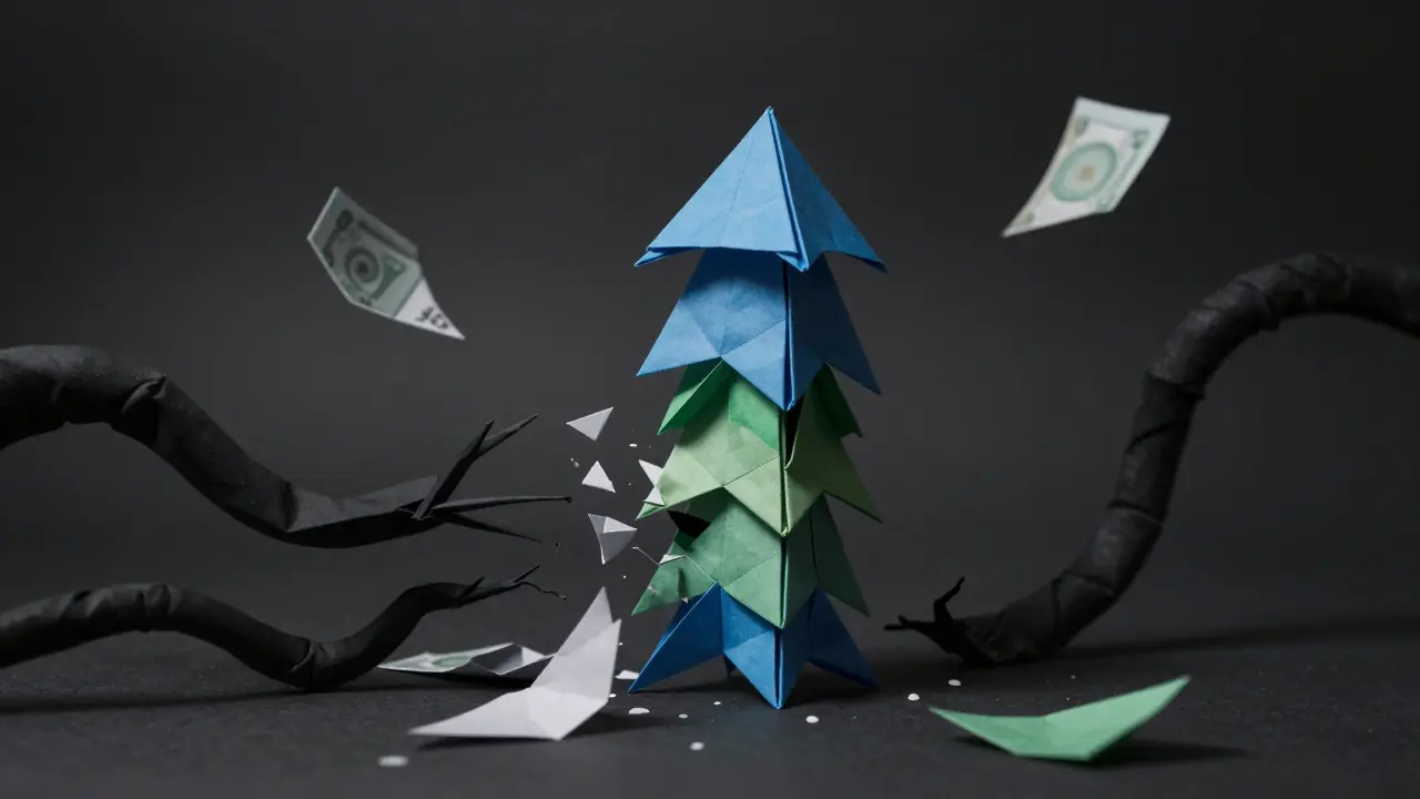 Origami tower collapsing under dark shadows