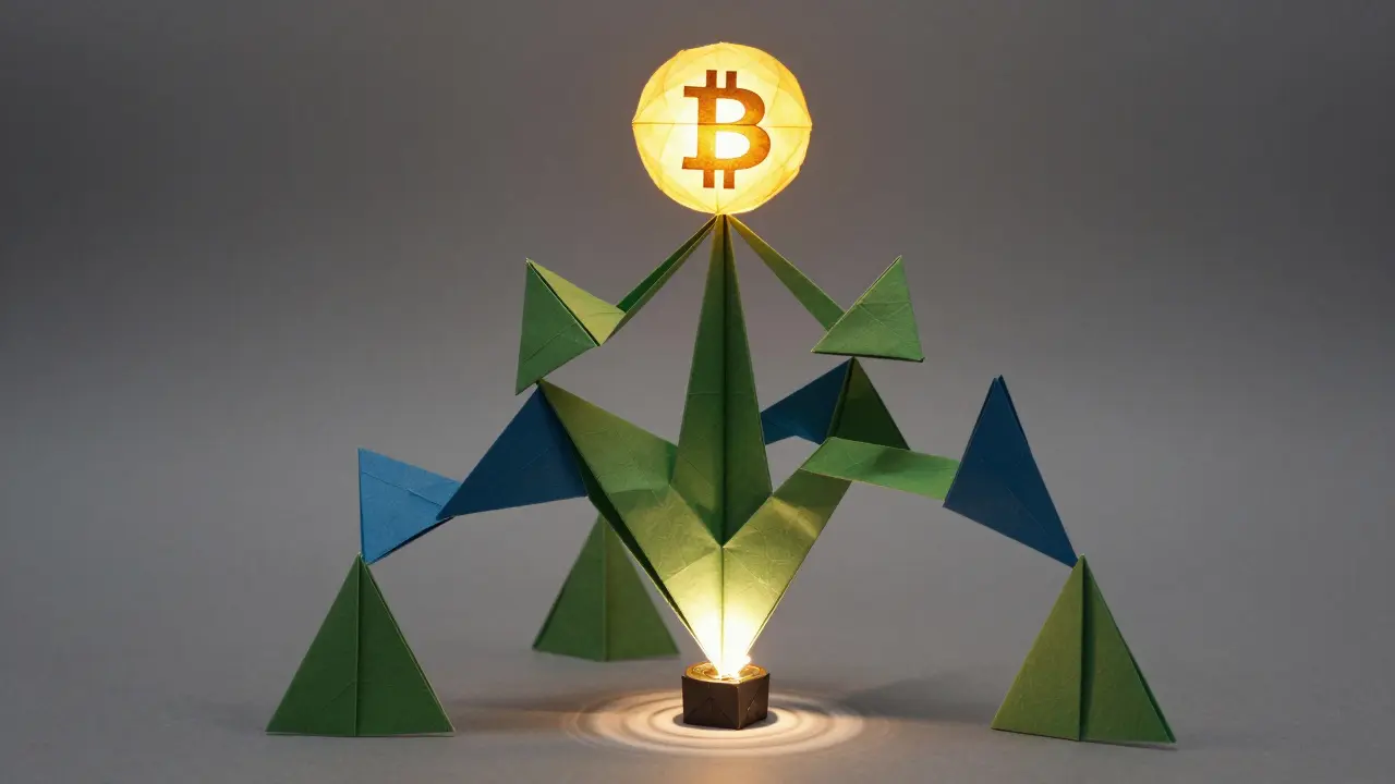 Paper art Merkle tree showing data flow from coinbase to root hash