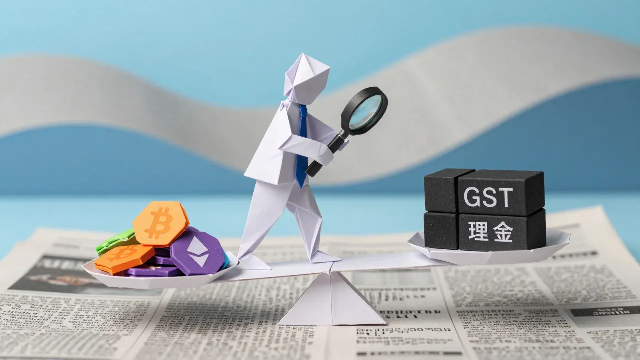 Paper figure balancing crypto tokens against compliance blocks in origami style.