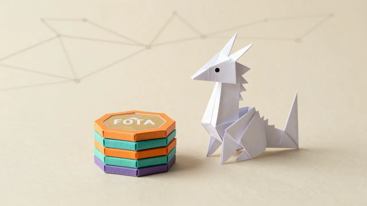 Paper folded crypto coins and NFT dragon