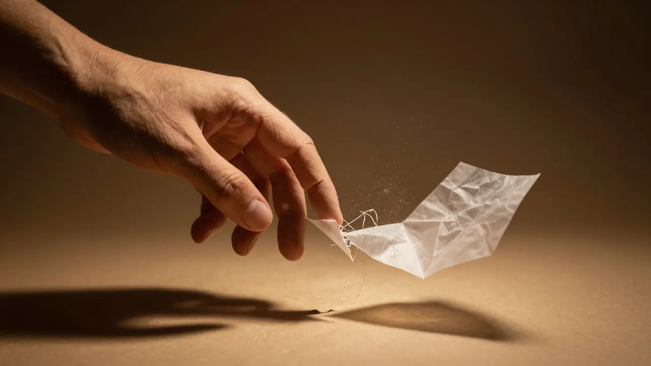 Paper hand touching dissolving origami sheet, illustrating the risk of losing value in ghost tokens.