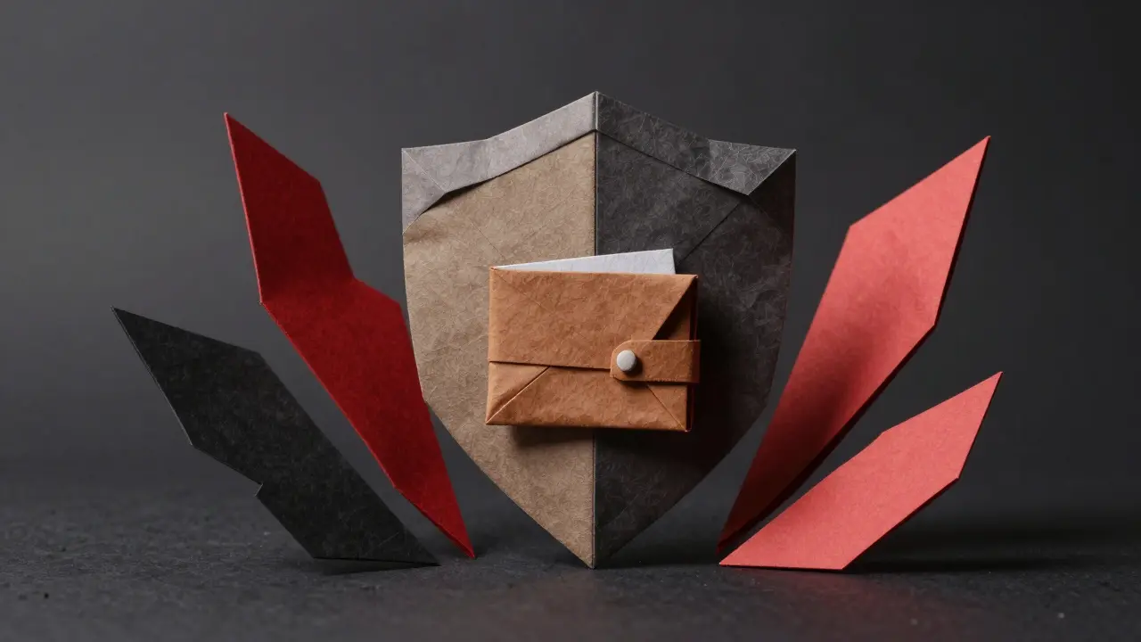 Paper shield protecting an origami wallet from red scam shards