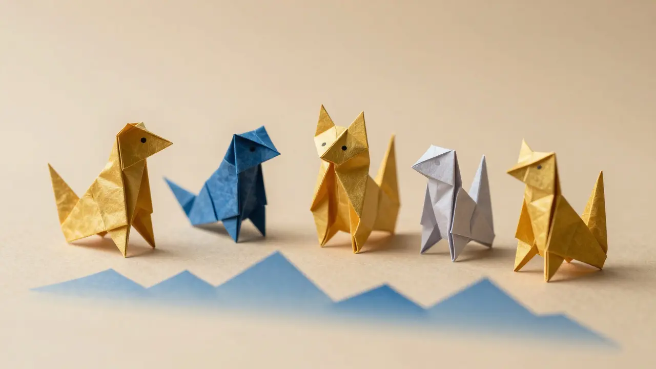 Rare and common origami pets on a platform with liquid waves