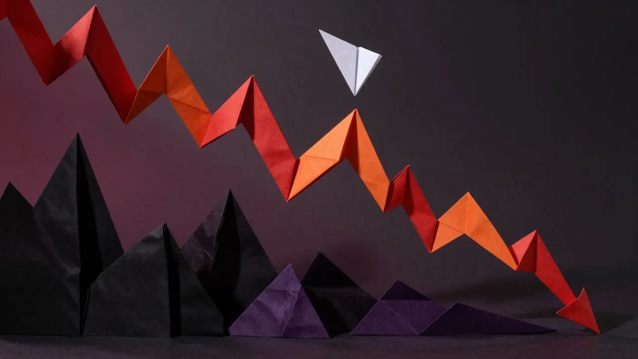 Red origami mountain crashing down showing crypto price volatility