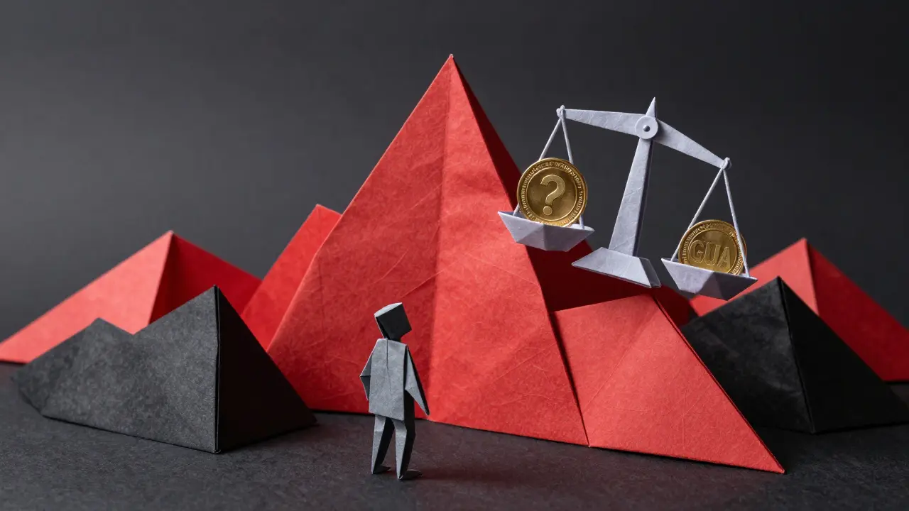 Red origami mountains depicting crypto market volatility and risk