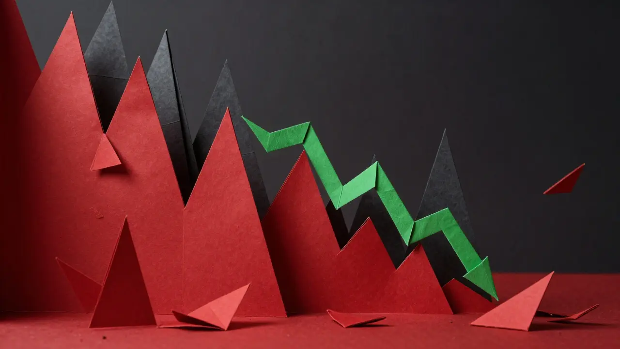 Sharp red origami peaks crashing down with a green spike, showing bear market volatility.