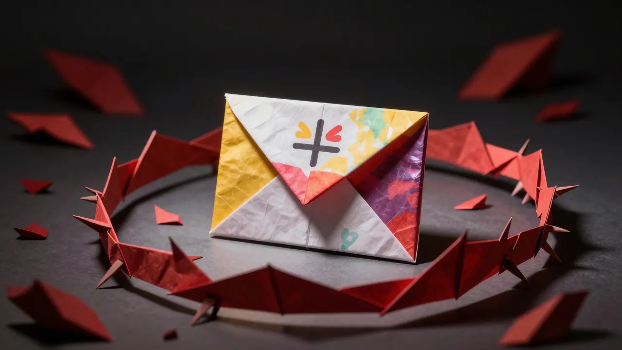 Shiny origami envelope trapped by red paper thorns representing phishing scams