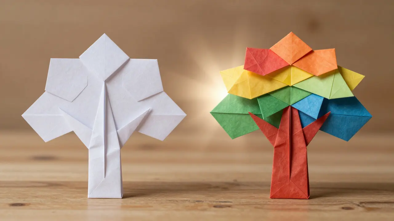 Side-by-side origami tree comparison