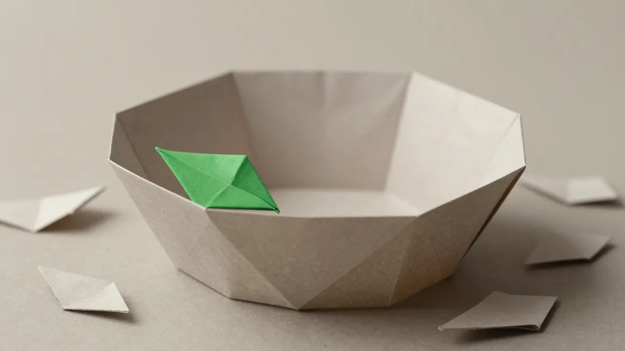 Single green origami leaf on empty basin symbolizing low liquidity