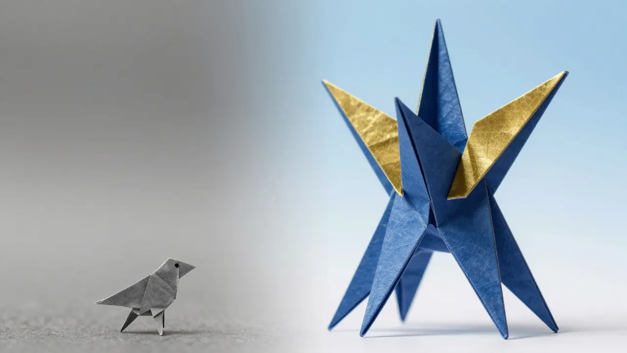 Small grey origami bird vs large intricate blue structure, comparing obscure token to major project.