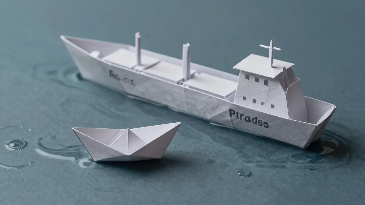 Small origami boat sailing safely vs large ship stuck in shallow water