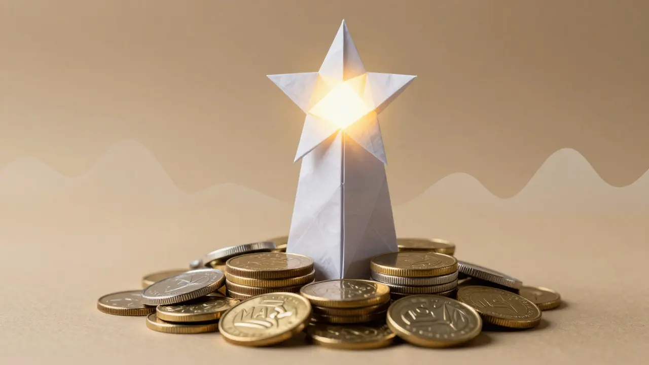 Stacked paper coins and tower representing MAV token staking and governance