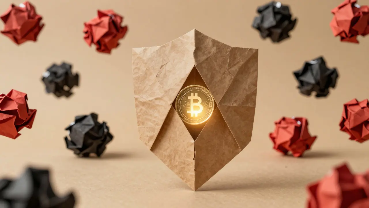 Sturdy paper shield protecting a coin from crumpled red paper waste