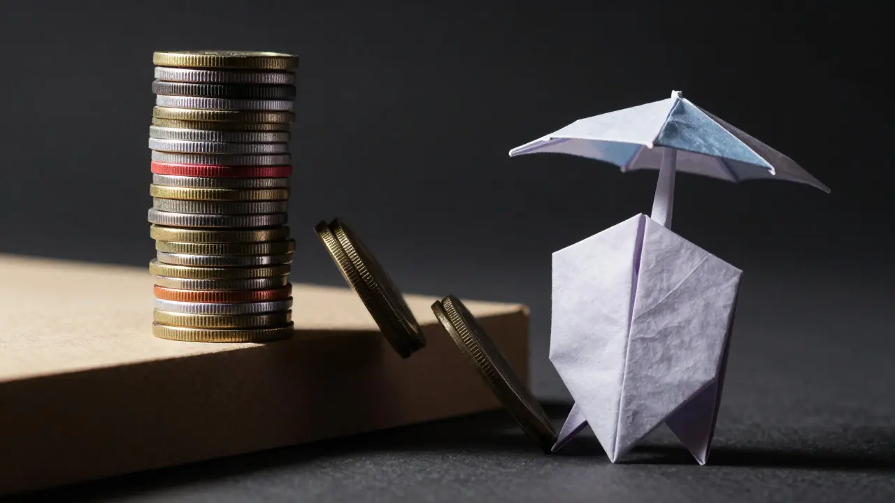 Wobbling origami coin tower symbolizing crypto market volatility