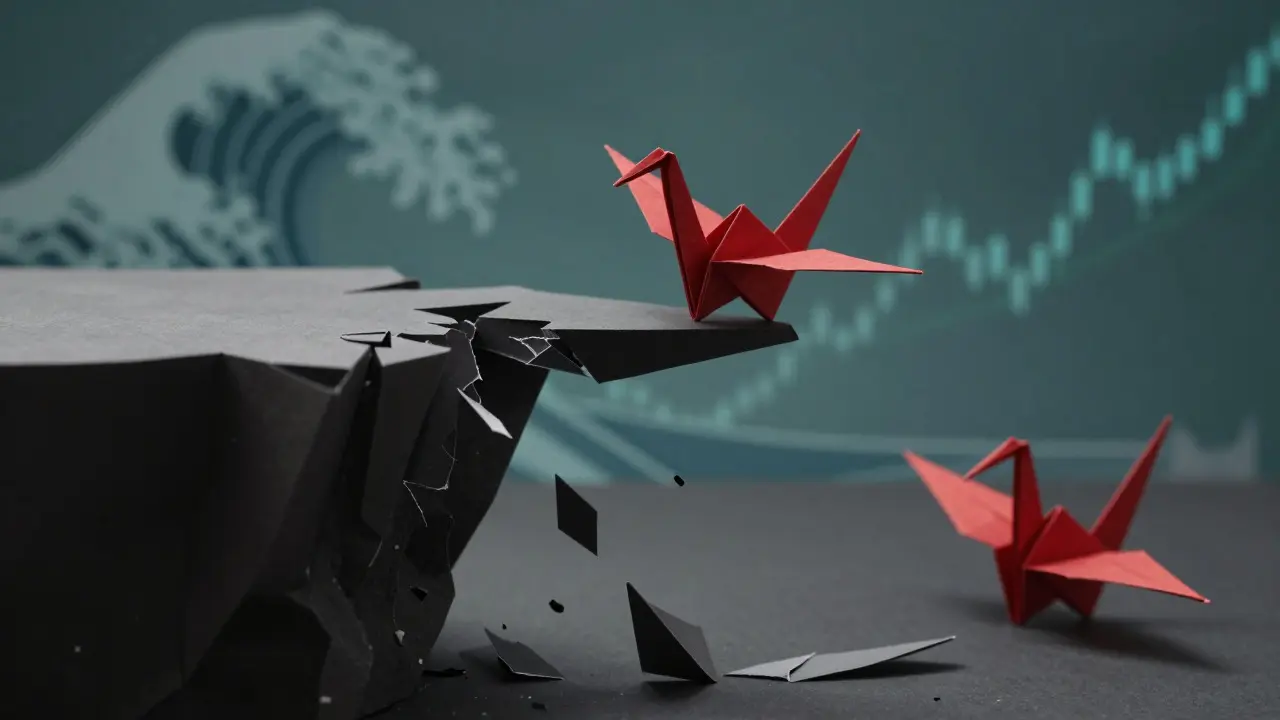 A red origami crane balancing on a crumbling grey paper cliff, illustrating market volatility.