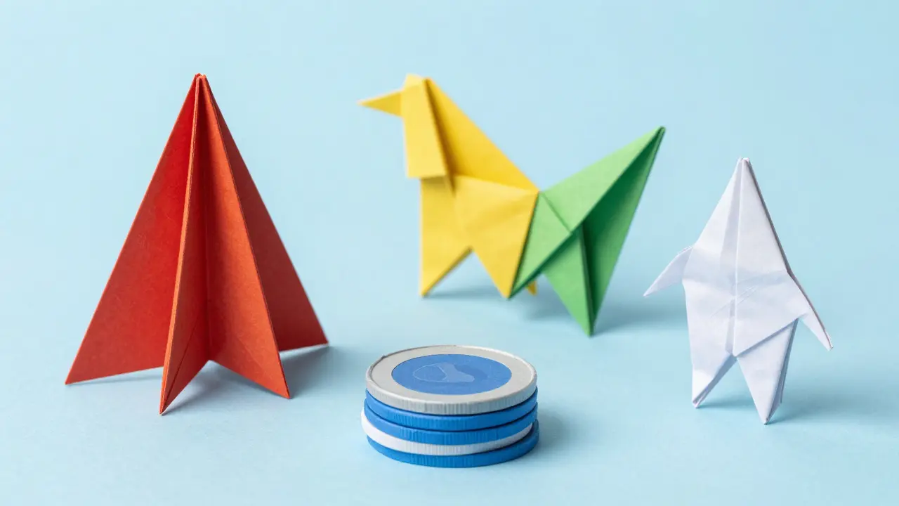 Colorful origami figures representing different DEX platforms like Uniswap and PancakeSwap on a blue background.
