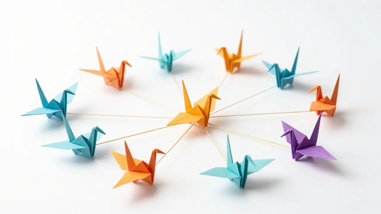 Connected origami shapes representing secure decentralized network nodes