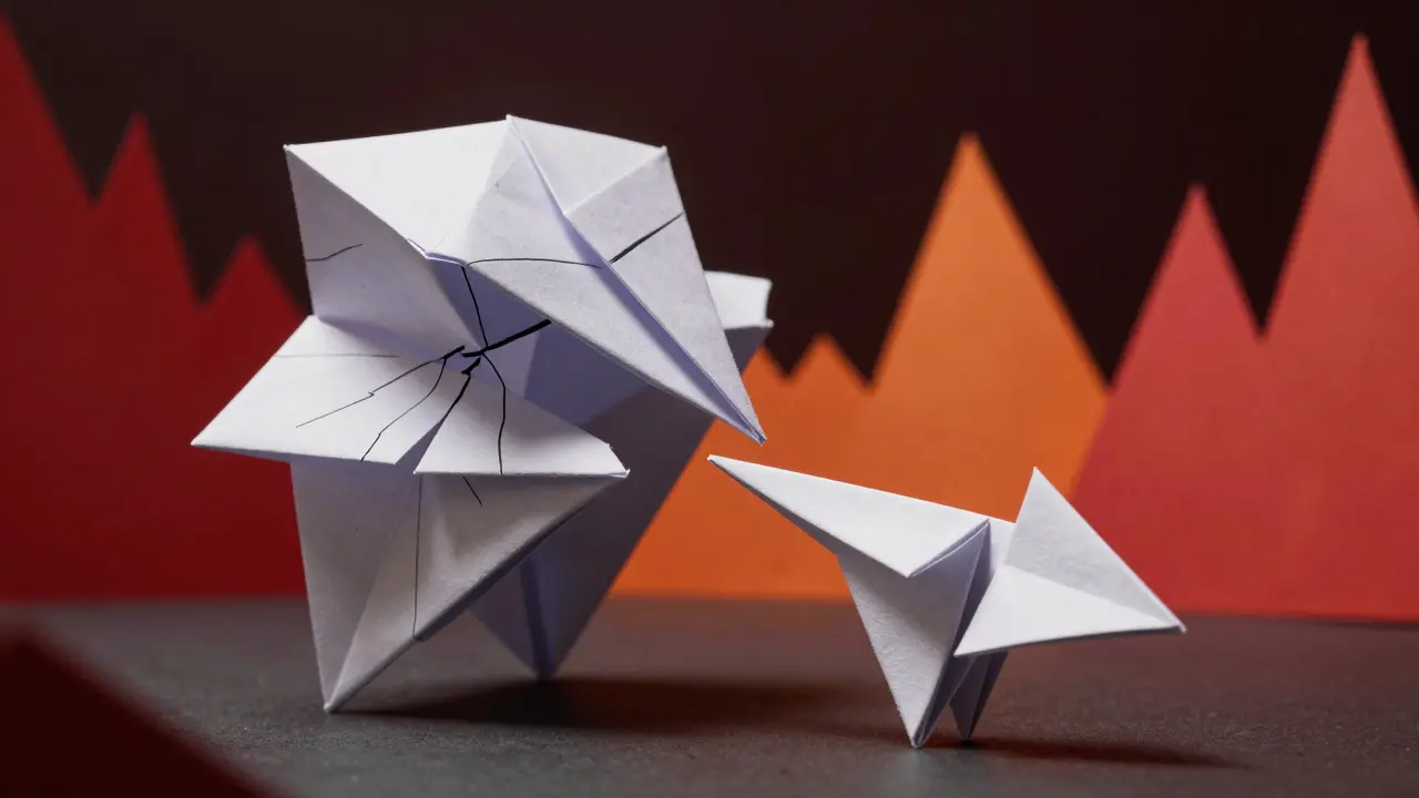 Dynamic origami scene with fractured structures and red spikes, depicting flash loan risks and volatility.
