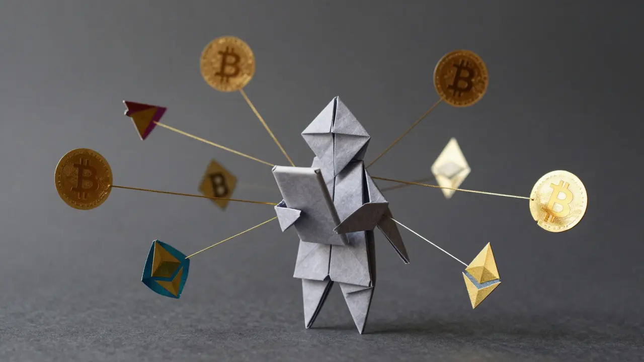 Folded paper crypto network illustrating complex transaction tracking