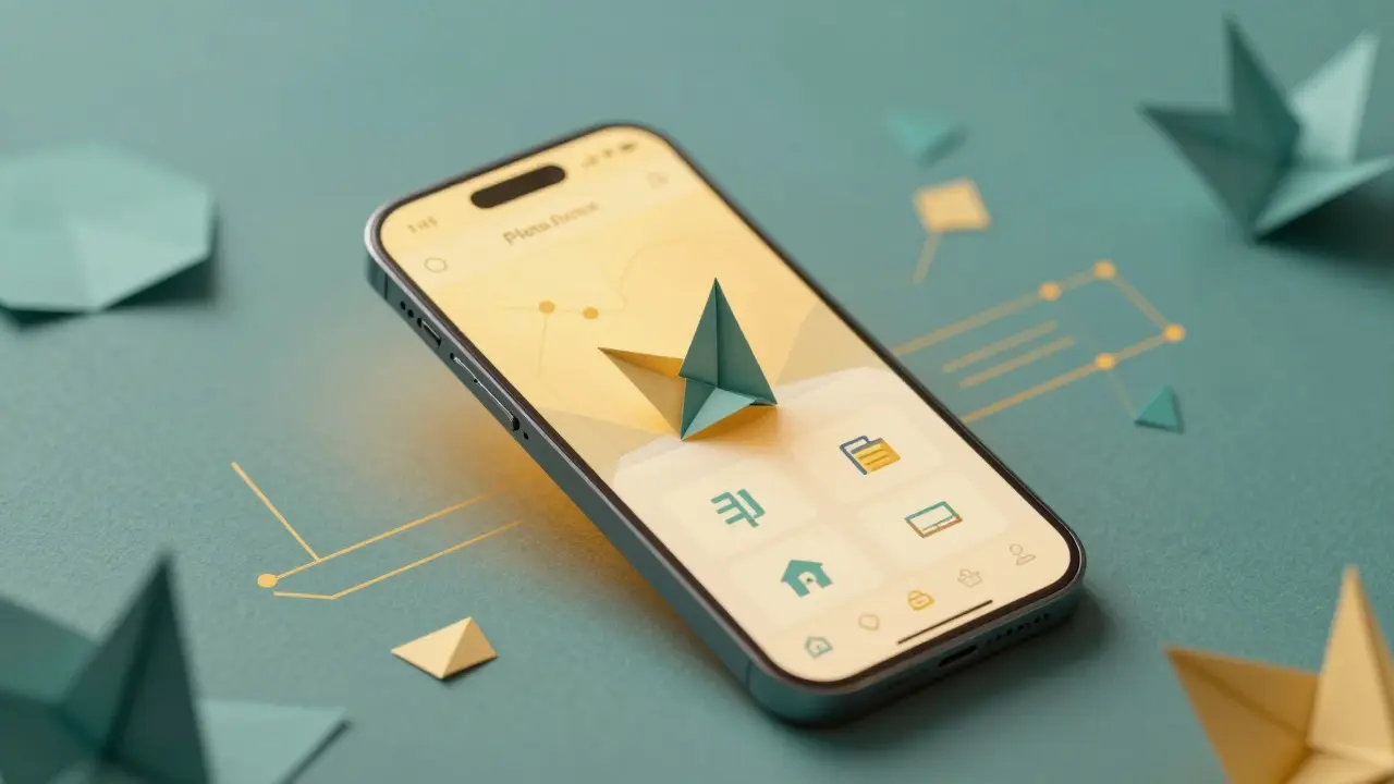 Folded paper smartphone showing AI crypto features in origami style