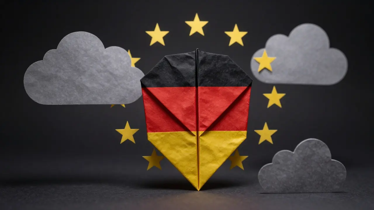 German flag origami shield facing grey EU regulatory clouds