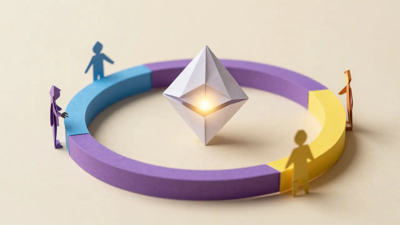 Interlocking paper chains and central gem representing PLENA token