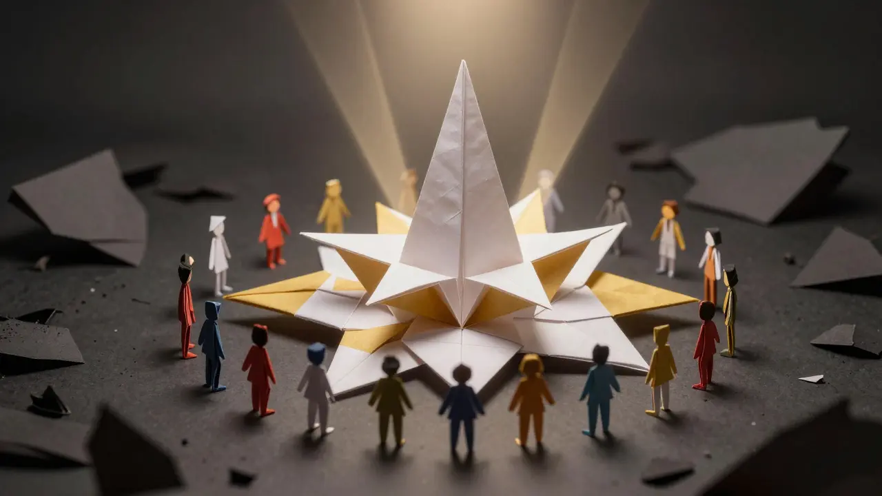Intricate origami community hub surrounded by tiny paper avatars in darkness.