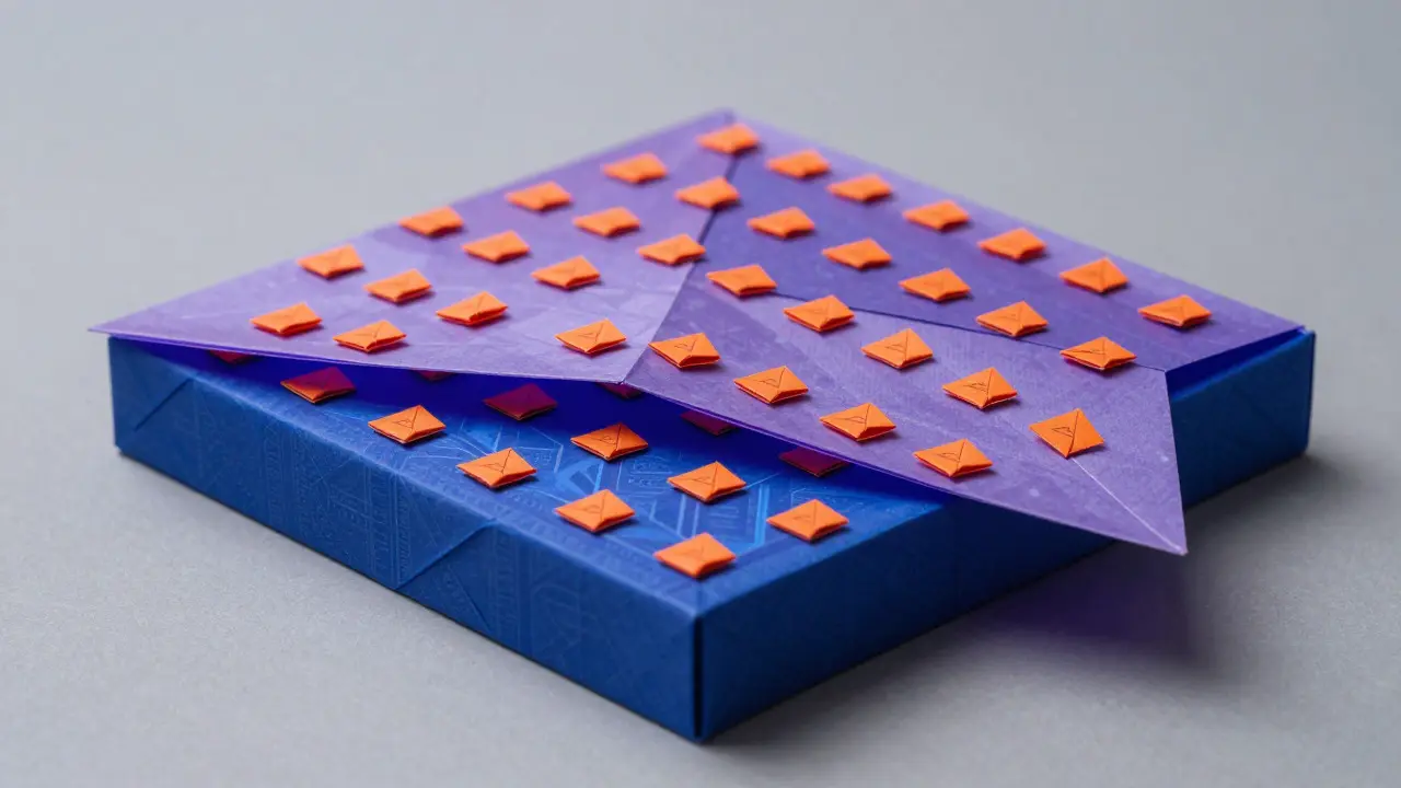 Layered origami sheets in blue and purple with scattered orange squares, representing blockchain networks.