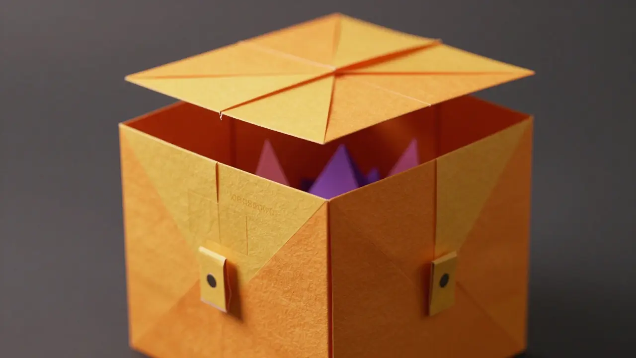 Open origami crate revealing colorful paper NFT treasures inside