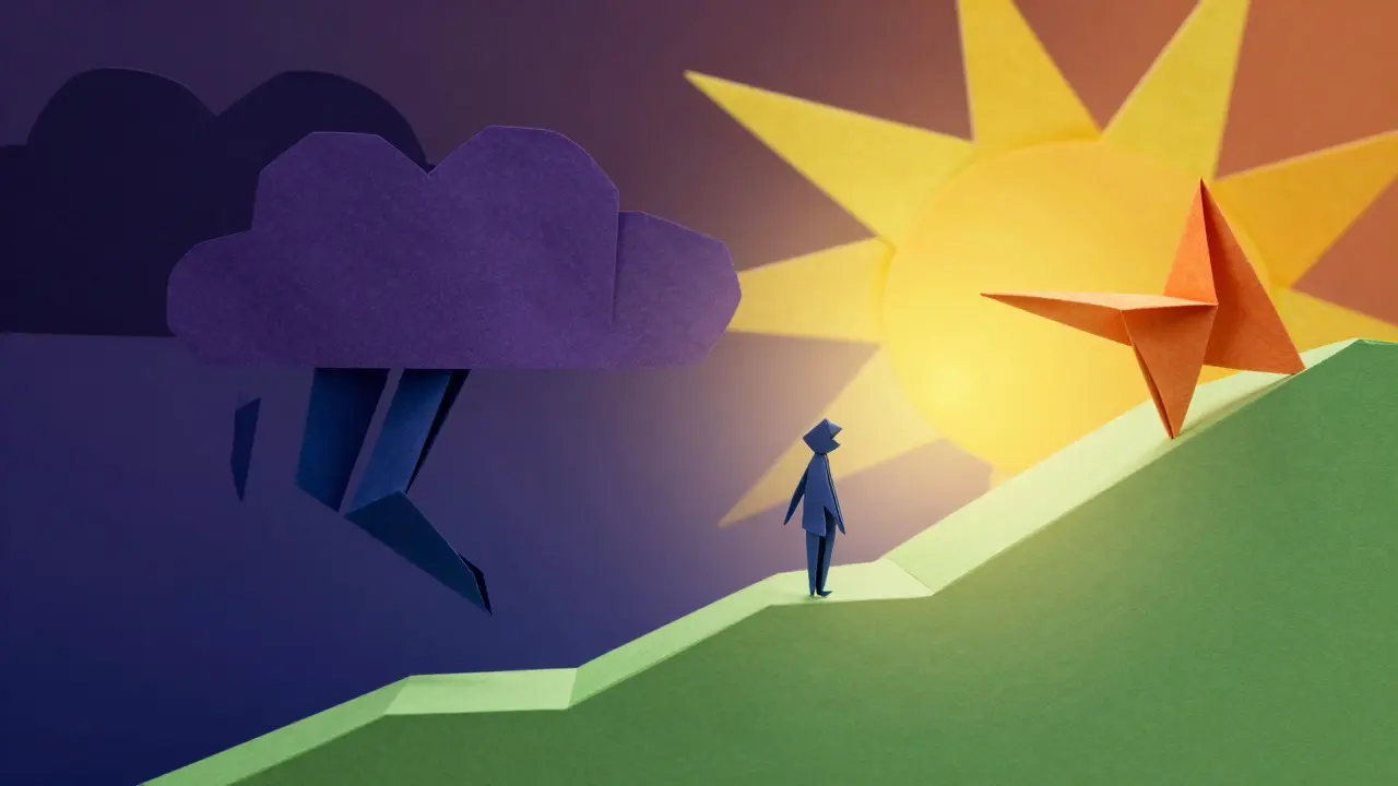 Origami clouds turning into sunbeams and an upward ramp showing opportunity