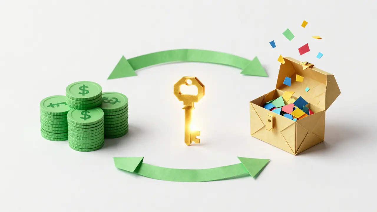 Origami cycle showing staking coins, keys, and NFT chests