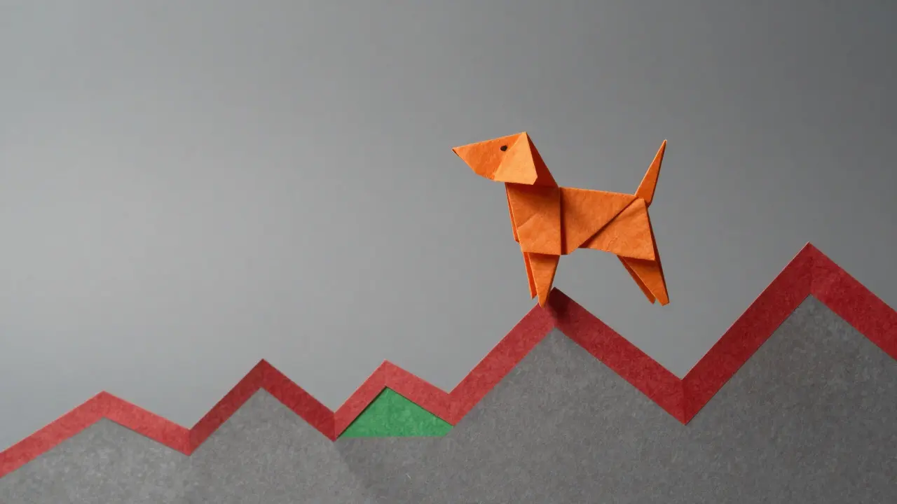 Origami dog balancing on volatile chart mountains