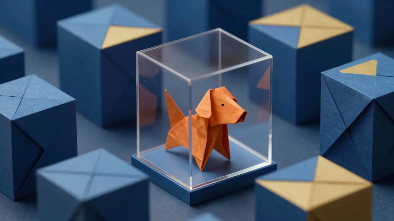 Origami dog in glass box representing secure ETF custody
