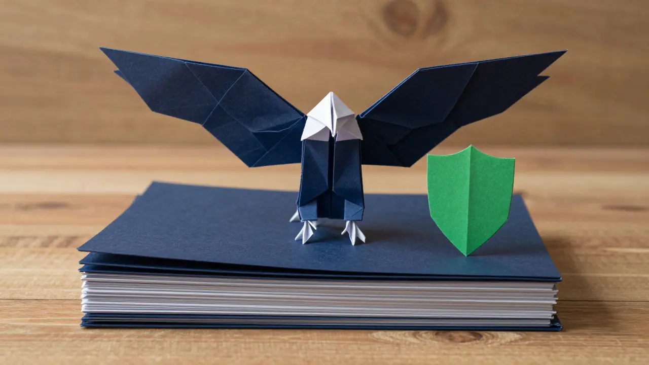 Origami eagle overseeing documents and shield, representing BaFin oversight