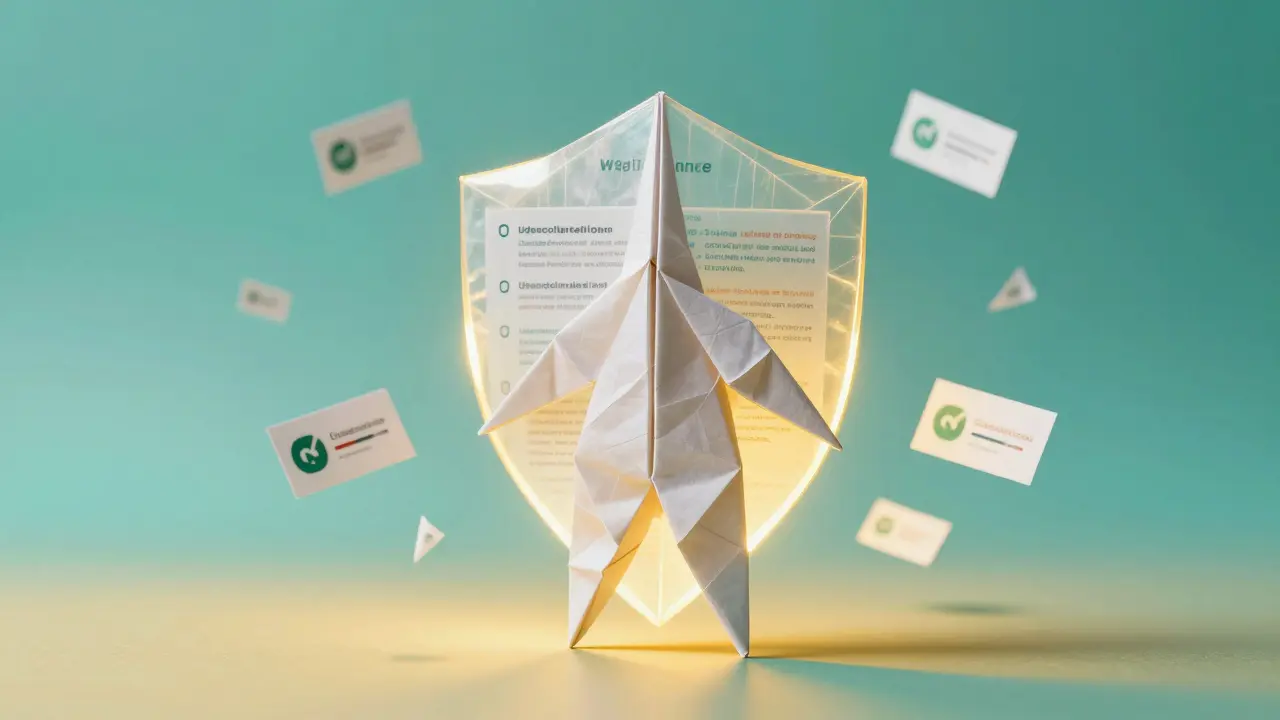Origami figure protected by a glowing paper shield of reputation data, representing unsecured DeFi loans.