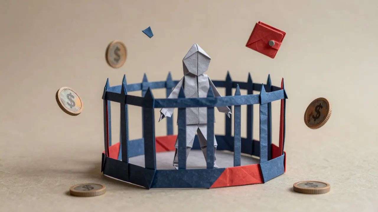 Origami figure trapped in paper cage representing legal penalties