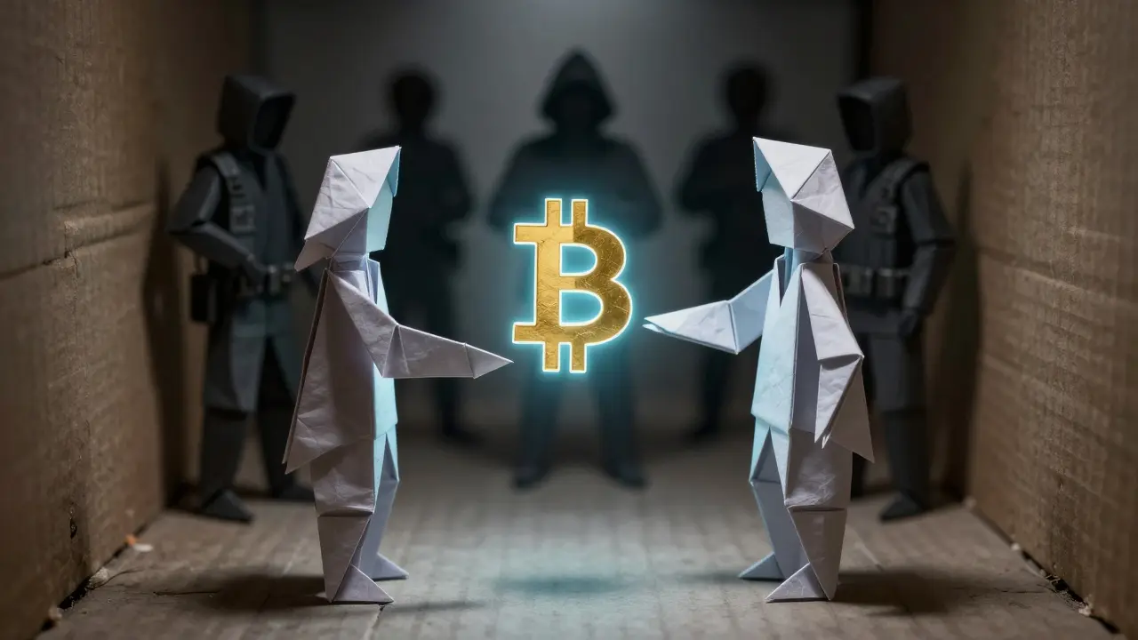 Origami figures exchanging crypto in a shadowy alley